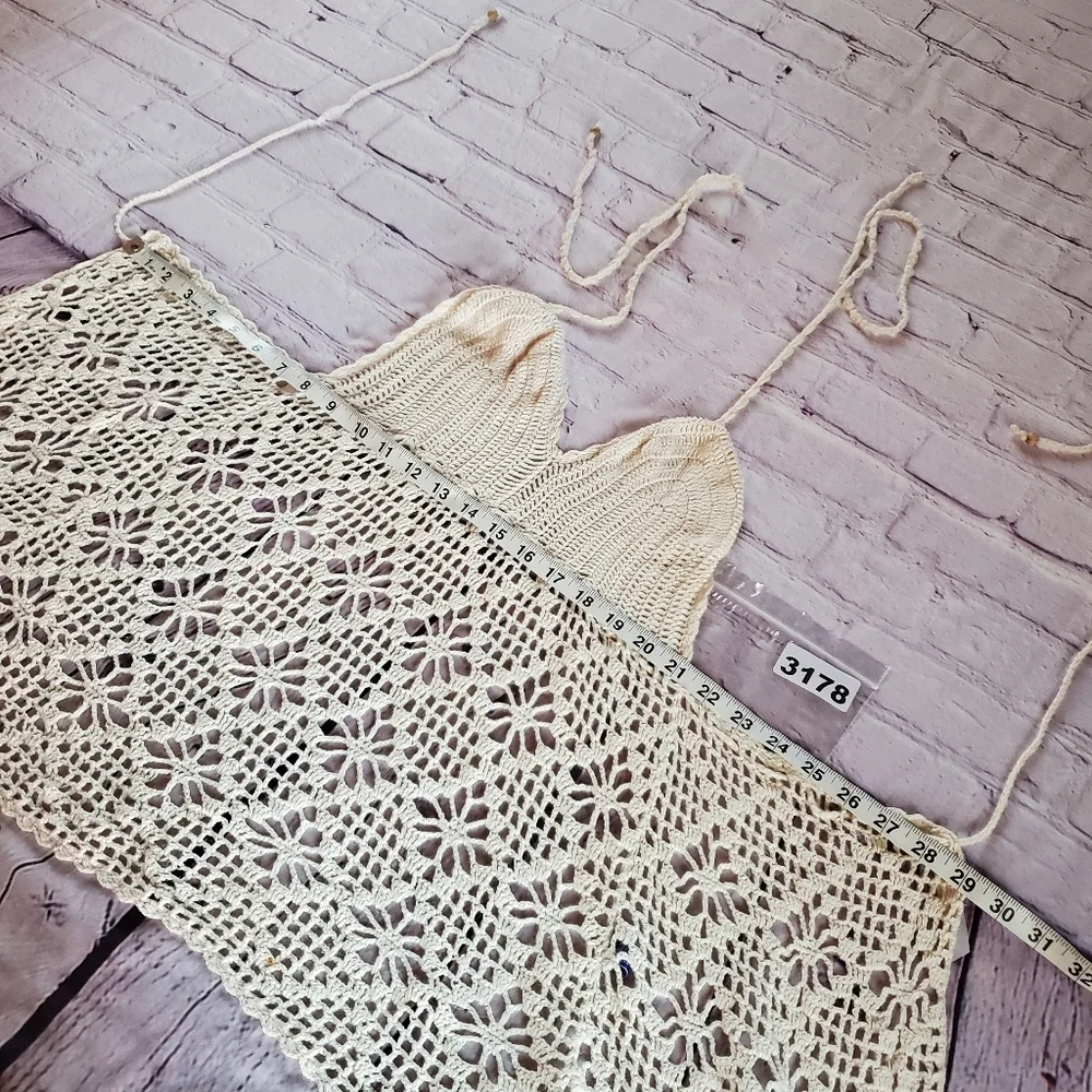 Lilu Y2K Crochet Tank Top Ivory Back Tie Romantic Sexy Bohemian Size Medium